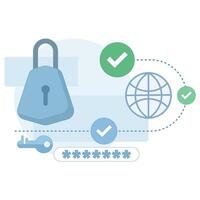 Cloud Security and Data Protection Concept. Online security, information confidentiality. Cloud storage. Network protection. Passwords, keys, personal identification. Flat illustration. vector