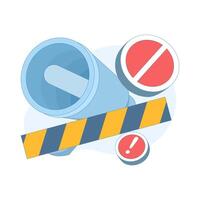 warning concept with blocked Megaphone, notification, danger, prohibition of loud noise, announcement, or voice amplification. flat design illustration in the background. vector