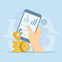 Digital Marketing Data Concept. Mobile Phone with Data Graph and Coins. Digital marketing. Advertising business development strategy. Social media analytics. Flat cartoon illustration on background. vector