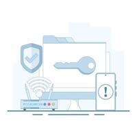 The concept is data security access, internet security, data protection, business data protection, and internet cyber security. safe and secure technology. flat cartoon design illustration. vector