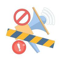 warning concept with blocked Megaphone, notification, danger, prohibition of loud noise, announcement, or voice amplification. flat illustration in the background. vector