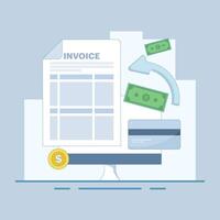 bill payment card. invoice on computer monitor screen. Payment by payment card and financial card for shopping. illustration on isolated background in flat style. vector