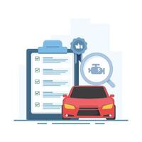 Car health check process concept. Perfect for automotive service, vehicle diagnostics, car maintenance and checkup related concepts. Flat cartoon design illustration on background. vector