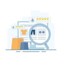 eCommerce website concept, Customer experience of shopping website, Add to cart concept, Customers share product ratings. flat cartoon design illustration on background. vector