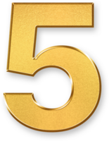 Gold Number Five 5 Icon 3D Glossy Golden Digit 5 Symbol with Metallic Shine and Shadowed Style for Rankings, Star Ratings, Process Flows, Step Indicators, and Ordered Lists png