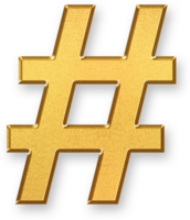 Gold Number Sign Icon 3D Glossy Golden Hashtag Symbol with Metallic Shine and Shadowed Style for Social Media Tags, Content Categories, Trend Topics, and Digital Labeling Systems png
