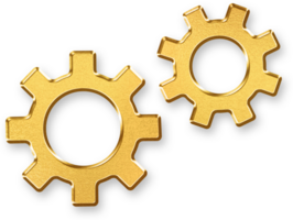 Gold Gear Icon 3D Glossy Golden Cogwheel Symbol with Metallic Shine and Shadowed Style for System Operation, Technical Mechanics, and Engineering or Industrial Design Concepts png