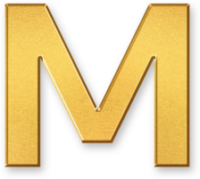 Gold Letter M Icon 3D Glossy Golden Uppercase M Symbol with Metallic Shine and Shadowed Style for Typography, Monogram Branding, Visual Identity, and Educational Alphabet Projects png