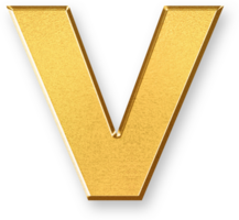 Gold Letter v Icon 3D Glossy Golden Lowercase v Symbol with Metallic Shine and Shadowed Style for Alphabet Branding, Typography Layouts, Learning Fonts, and Logo Based Letter Designs png