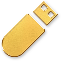 Gold USB Flash Drive Icon 3D Glossy Golden USB Stick Symbol with Metallic Shine and Shadowed Style for Data Storage, File Transfer, Backup, and Portable Digital Media Devices png