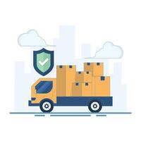 Safe Delivery Concept. Delivery Truck with Protector. Deliver parcel to destination correctly and on time. For logistics, e-commerce. on time and safe guarantee. Flat Design Illustration. vector
