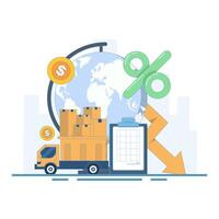 concept of reducing taxes and fees on import and export of goods. tariff report. trucks transporting products for export and import. tariff reduction and economy. flat style design illustration vector