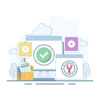 System maintenance concept, Software system is under maintenance, Fixing problems, Device update, Software update process on device, People updating operating system. Flat cartoon illustration vector