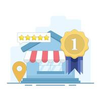 Top rated concept. Local business with top ratings and great customer reviews. Building a strong online reputation and trust and digital engagement. Flat cartoon design illustration in the background. vector