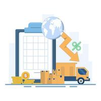 concept of reducing taxes and fees on import and export of goods. tariff report. trucks transporting products for export and import. tariff reduction and economy. flat design illustration vector