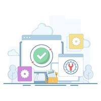 System maintenance concept, Software system is under maintenance, Fixing problems, Device update, Software update process on device, People updating operating system. Flat cartoon design illustration vector