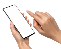 Woman's Hands Holding Smartphone with Blank Screen and Finger Touching. Image synthesis material for hands operating a smartphone png