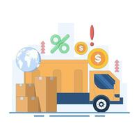 concept of import and export costs and taxes increasing or rising. increase and economy. trucks carrying products for export and import. flat cartoon design illustration in the background. vector