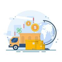 concept of import and export costs and taxes increasing or rising. increase and economy. trucks carrying products for export and import. flat design illustration on background. vector