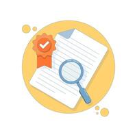 Verified Document Concept. Document with Verification Badge. Approved document. Successful resume check, review or exam. Approved contract, agreement. Flat cartoon design illustration. vector