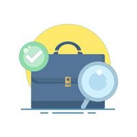 job search concept, job vacancy information. recruitment and hiring. looking for job info. briefcase with magnifying glass and check mark. Flat cartoon design concept on background. vector
