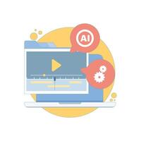 Automated AI editor concept. Clip maker for cutting footage, social media publishing, and AI-powered marketing automation. Smart editing interface and timeline. Flat design illustration. vector