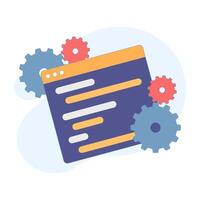 developer and programmer concept. programming software or application window with gears. creating program scripts, compiling programs. flat cartoon design illustration on background. vector