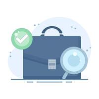 job search concept, job vacancy information. recruitment and hiring. looking for job info. briefcase with magnifying glass and check mark. Flat style design concept on background. vector