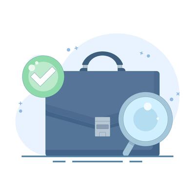 job search concept, job vacancy information. recruitment and hiring. looking for job info. briefcase with magnifying glass and check mark. Flat style design concept on background.