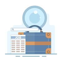 job search concept, job vacancy information. recruitment and hiring. looking for job info. briefcase with magnifying glass and check mark. Modern design concept on background. vector