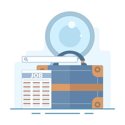 job search concept, job vacancy information. recruitment and hiring. looking for job info. briefcase with magnifying glass and check mark. Modern design concept on background.