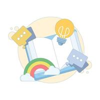 education concept and source of inspiration. world book day. source of information, idea solution. knowledge and learning. open book with light bulb. flat style design illustration in the background. vector