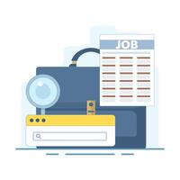 job search concept, job vacancy information. recruitment and hiring. looking for job info. briefcase with magnifying glass and check mark. Flat cartoon concept on background. vector