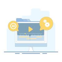 Automated AI editor concept. Clip maker for cutting footage, social media publishing, and AI-powered marketing automation. Smart editing interface and timeline. Design illustration. vector