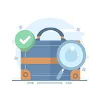 job search concept, job vacancy information. recruitment and hiring. looking for job info. briefcase with magnifying glass and check mark. Flat design concept on background. vector