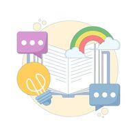 education concept and source of inspiration. world book day. source of information, idea solution. knowledge and learning. open book with light bulb. flat design illustration in the background. vector