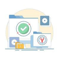 System maintenance concept, Software system is under maintenance, Fixing problems, Device update, Software update process on device, People updating operating system. Flat design illustration vector