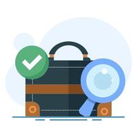 job search concept, job vacancy information. recruitment and hiring. looking for job info. briefcase with magnifying glass and check mark. Flat modern design concept on background. vector