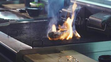 Sizzling pork steak on the grill ignited by vibrant flames video