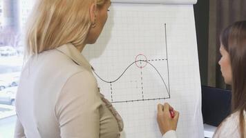Dynamic rearview shot of two businesswomen collaborating on graphics at a meeting video