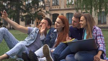 Joyful students capture a fun selfie on the lush campus lawn video