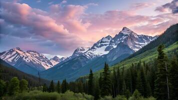 Snowy mountain peaks glowing sunset landscape for nature enthusiast photo