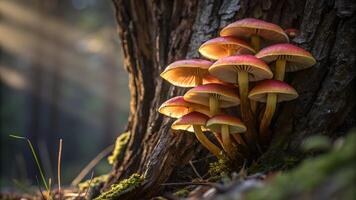 Mushrooms Growing on Tree Trunk in Forest, Detailed Close-Up for Nature Enthusiasts and Photographers photo