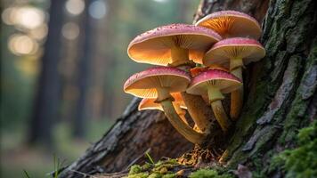 Mushrooms in forest with vibrant red caps and white spots growing on tree trunk for nature enthusiasts and photographers photo