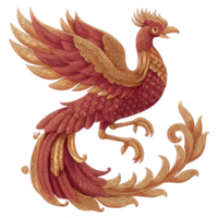vibrant mythical bird with intricate feather patterns and majestic pose, showcasing rich red and gold hues. This design embodies elegance and cultural significance, perfect for various artistic png