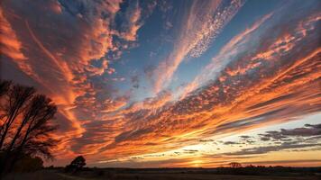 Dramatic Sunset Sky with Vibrant Cloud Formations over Fields photo