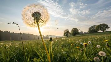 Dandelion in full bloom captured at sunrise in a serene meadow, perfect for nature enthusiasts and photographers seeking tranquil outdoor photo