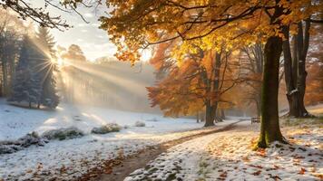 Sunbeams Illuminate Snowy Autumn Forest Path photo
