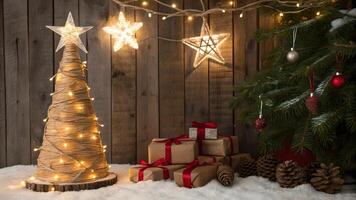 Rustic Christmas Scene with Twine Tree and Gifts photo