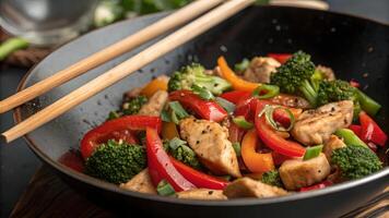 Delicious Chicken and Vegetable Stir Fry in Wok photo